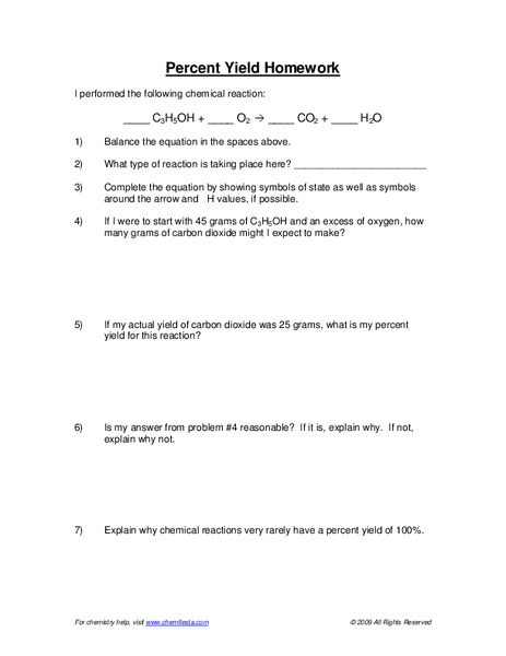 Percent Yield Worksheet