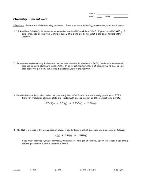 Percent Yield Worksheet