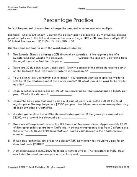 Percentage Practice Worksheet