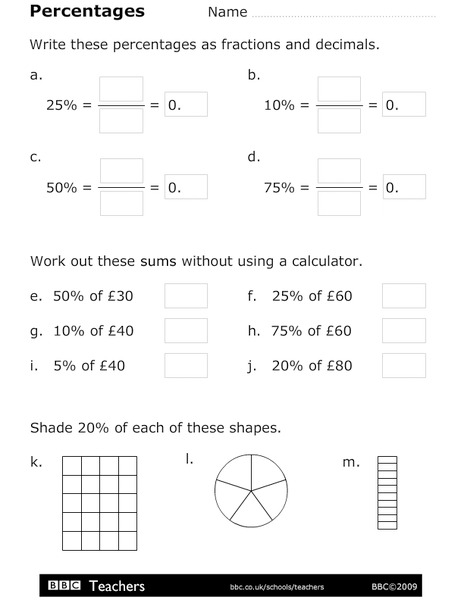 Percentages Worksheet