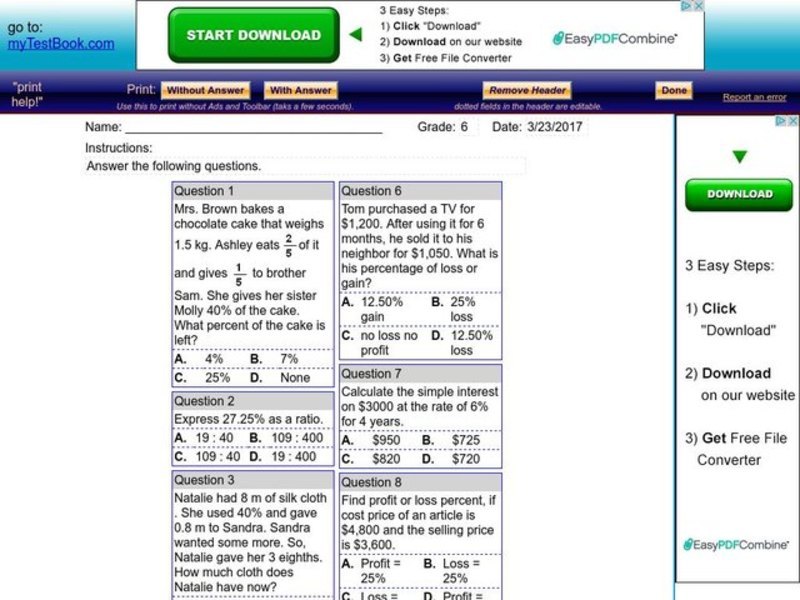 Percentages  Worksheet