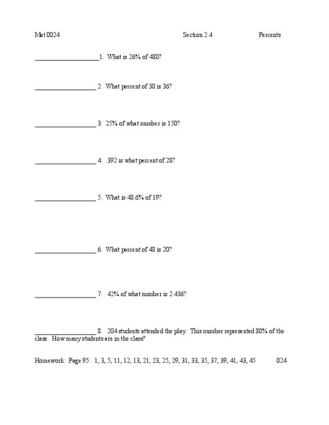 Percents Worksheet