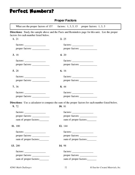 Perfect Numbers? Worksheet