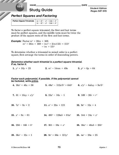 Perfect Squares and Factoring Worksheet
