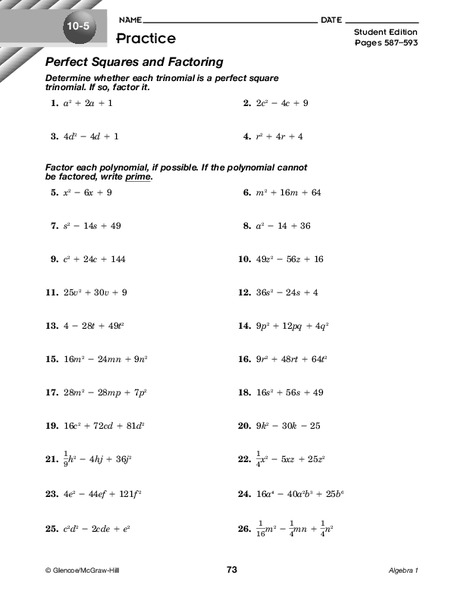 Perfect Squares and Factoring Worksheet