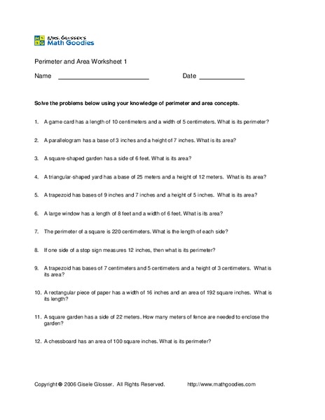 Perimeter and Area Worksheet