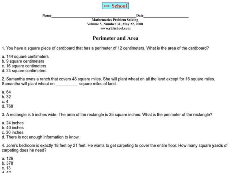Perimeter and Area Worksheet