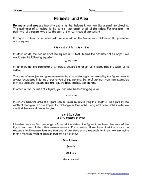 Perimeter and Area Worksheet