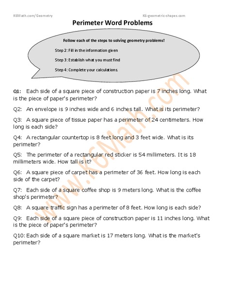 Perimeter Word Problems Worksheet