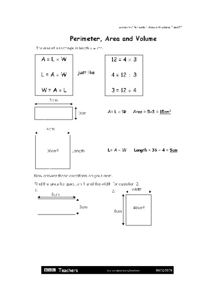 Perimeter, Area and Volume Worksheet