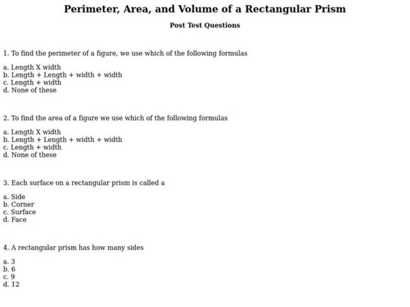 Perimeter, Area, and Volume of a Rectangular Prism Interactive