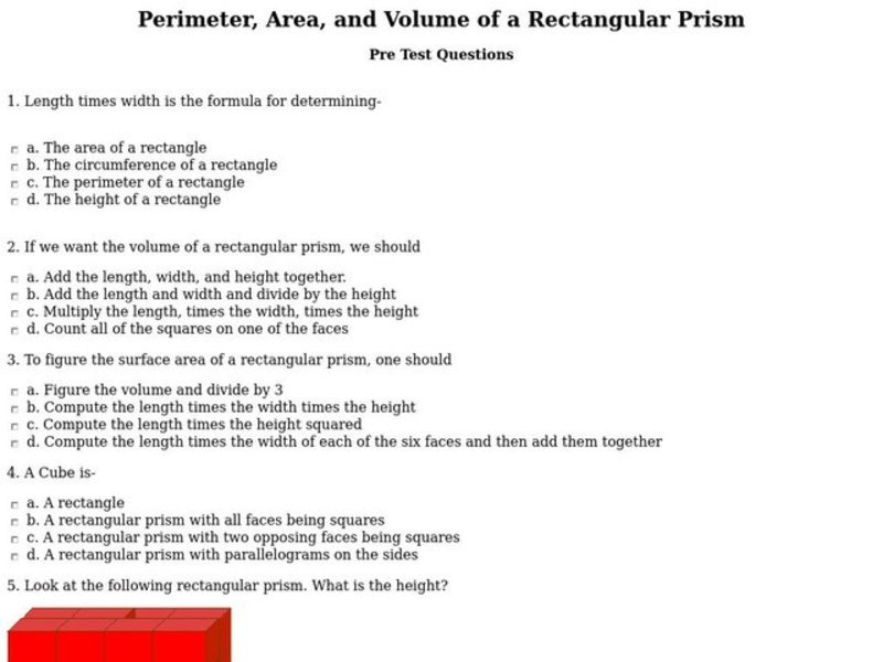 Perimeter, Area, and Volume of a Rectangular Prism Worksheet