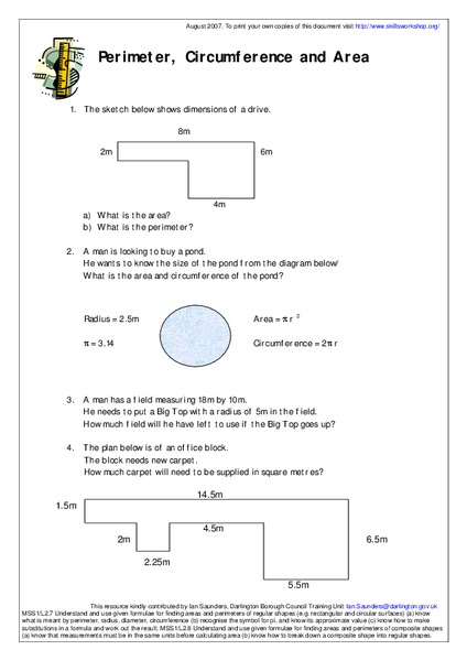 Perimeter, Circumference and Area Worksheet