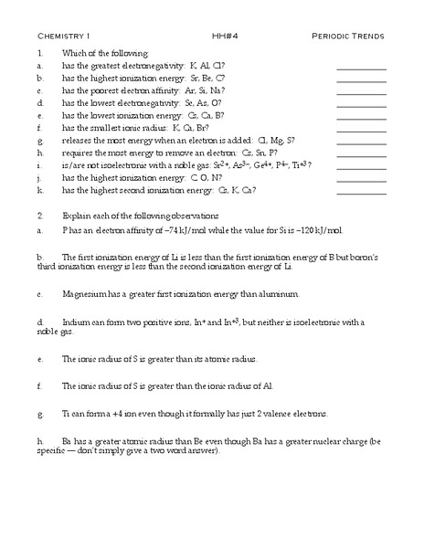 Periodic Trends Worksheet