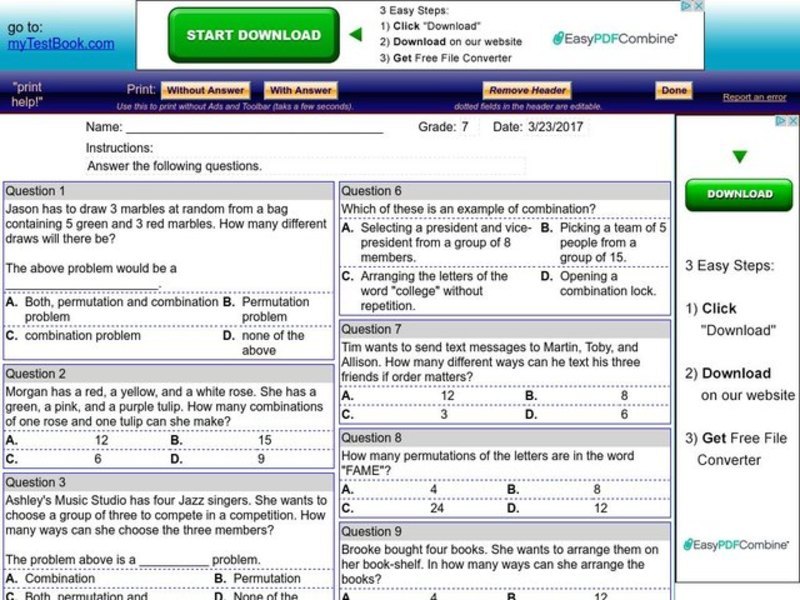 Permutations and Combinations Worksheet