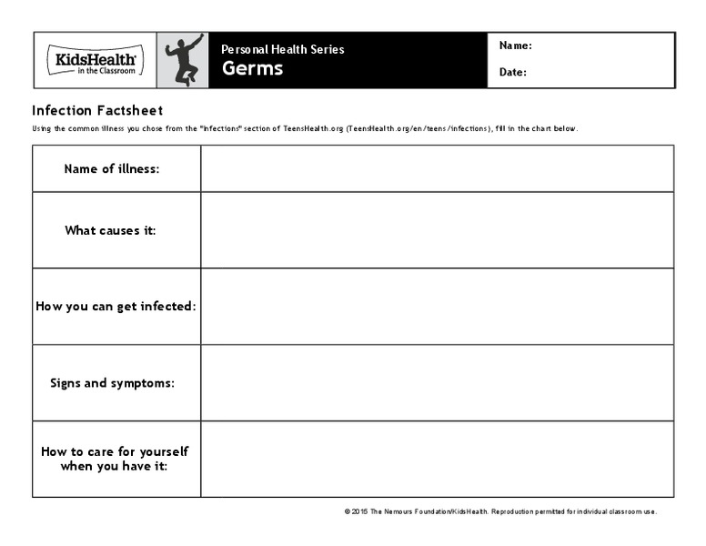 Handout: Germs (Grades 9 to 12) Worksheet