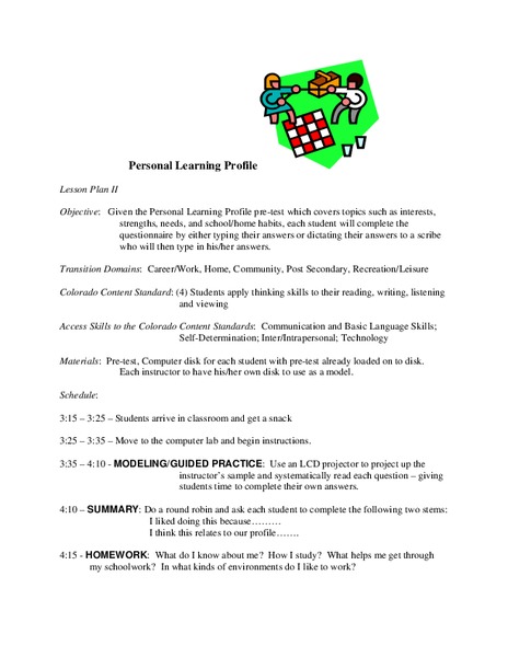 Personal Learning Profile Lesson Plan