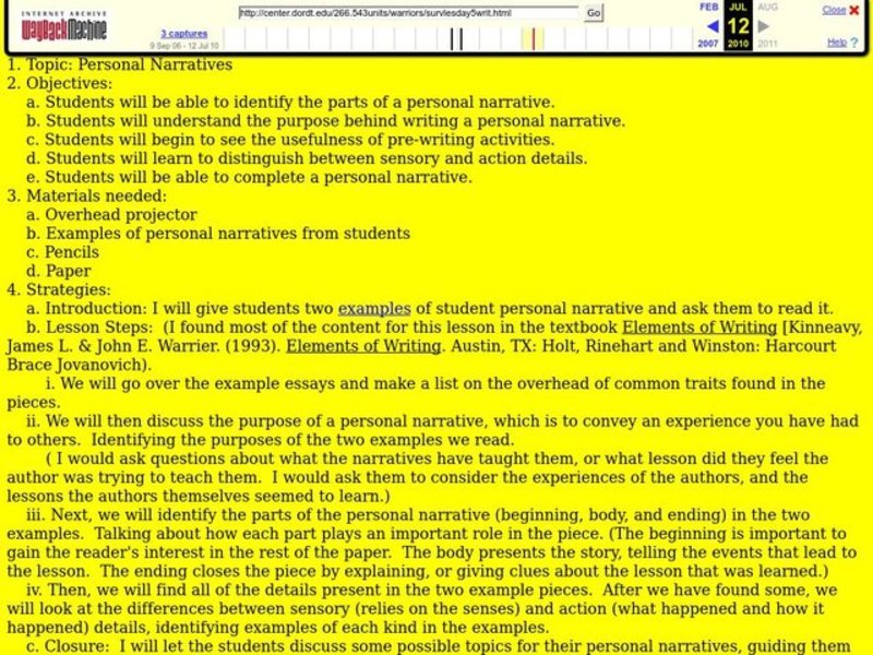Personal Narratives Lesson Plan