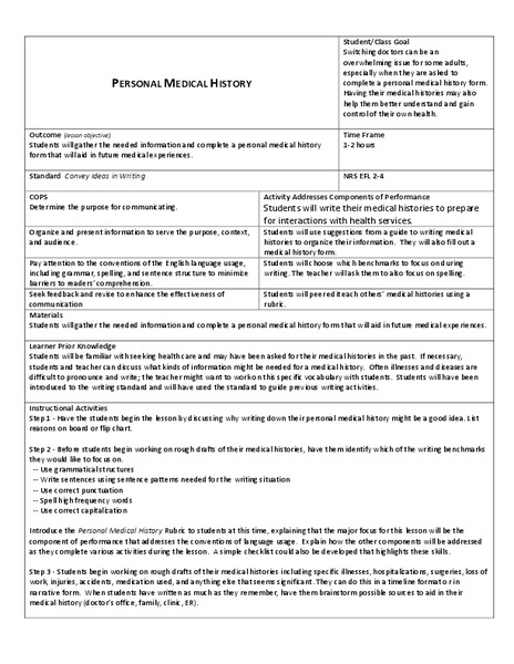 Personal Medical History Lesson Plan