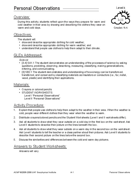 Personal Observations Lesson Plan