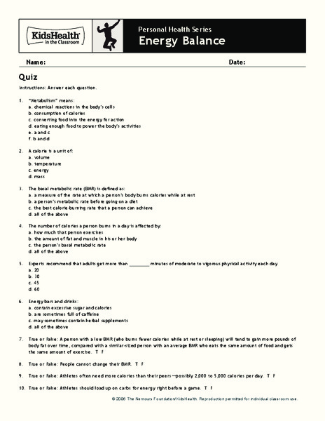 Quiz: Energy Balance (Grades 9 to 12) Assessment