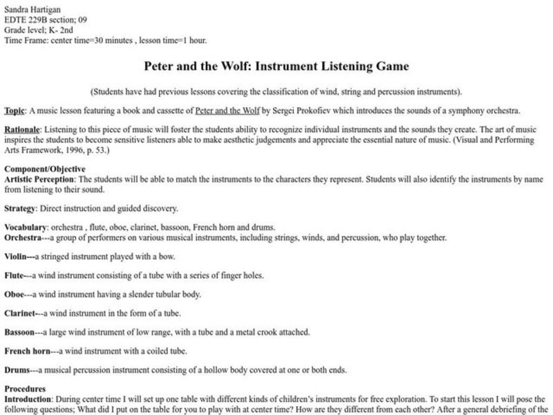 Peter And The Wolf: Instrument Listening Game Lesson Plan