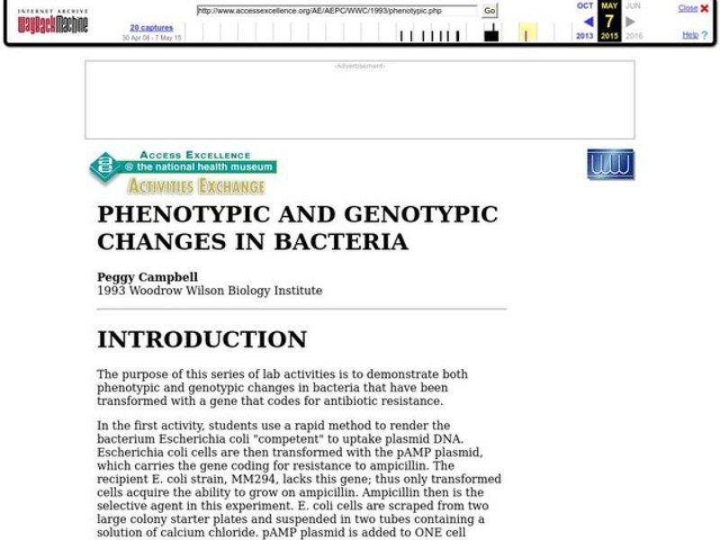 PHENOTYPIC AND GENOTYPIC CHANGES IN BACTERIA Lesson Plan