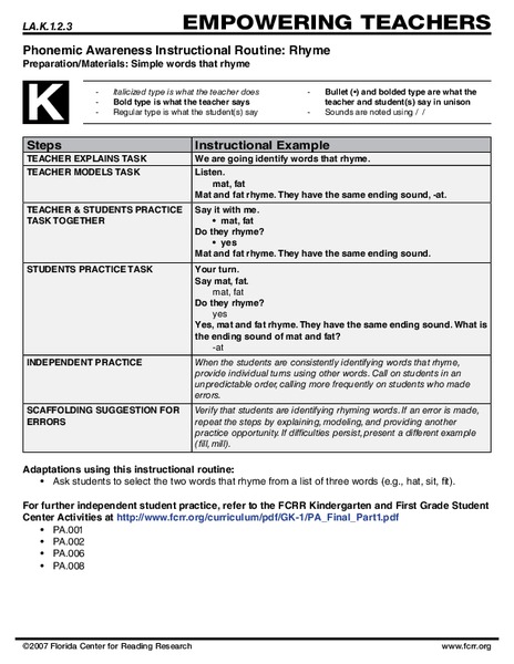Phonemic Awareness Instructional Routine: Rhyme Lesson Plan