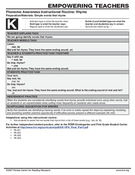 Phonemic Awareness Instructional Routine: Rhyme Lesson Plan