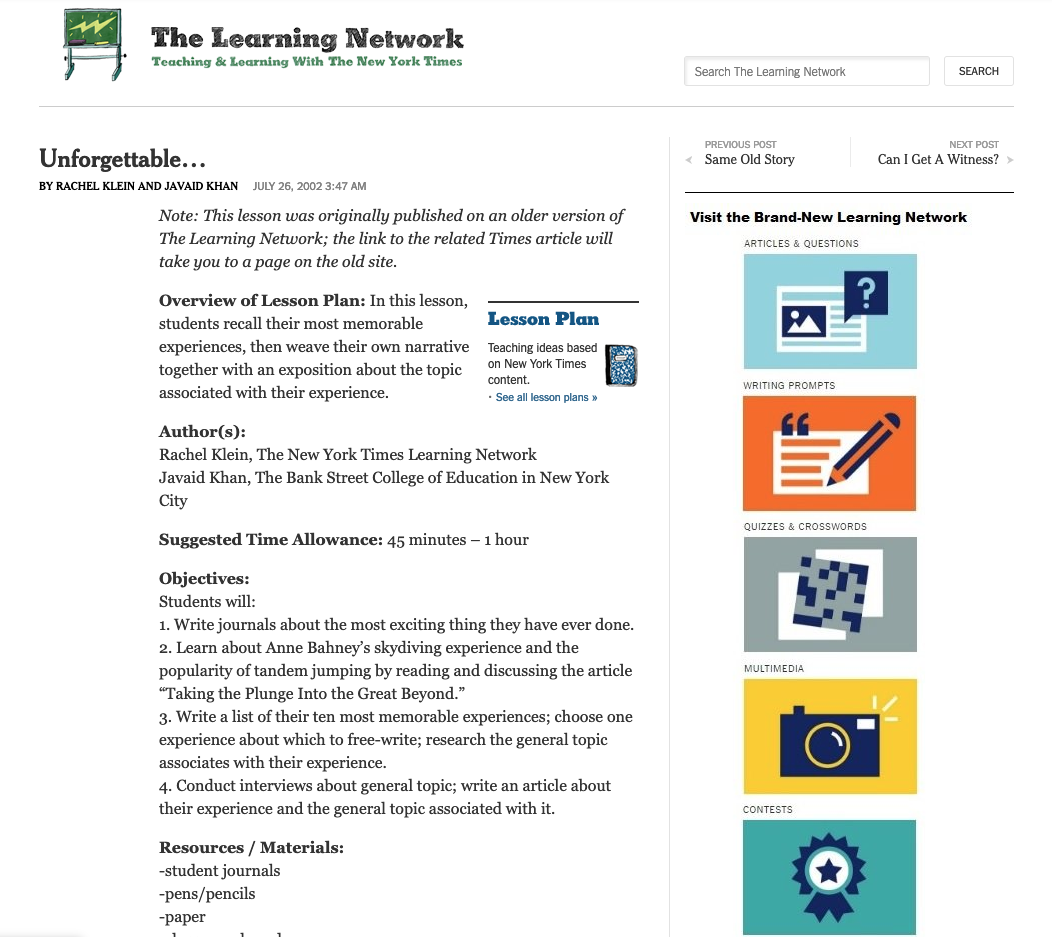 Unforgettable... Lesson Plan