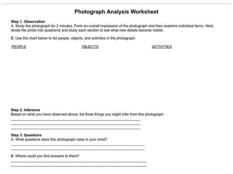 Photograph Analysis Worksheet Worksheet