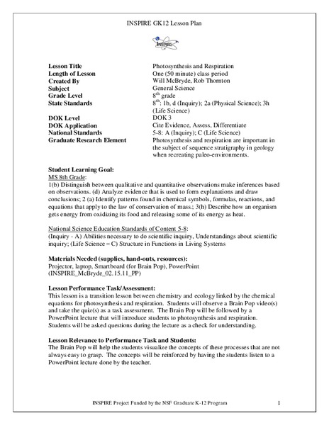 Photosynthesis and Respiration Lesson Plan