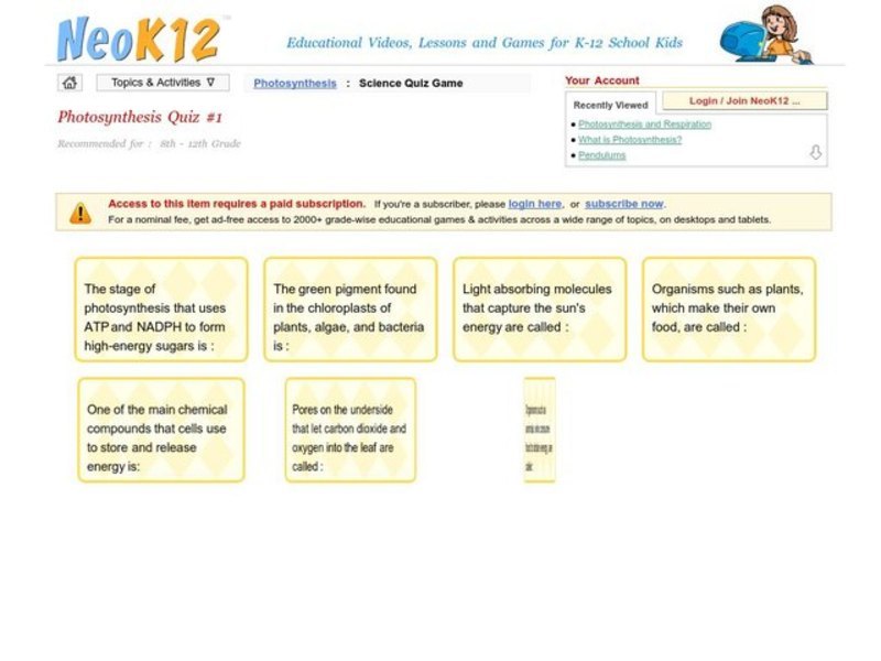 Photosynthesis Quiz Interactive