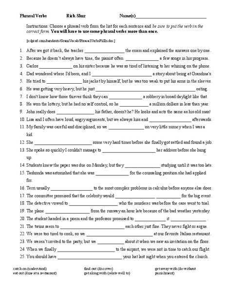 Phrasal Verbs Worksheet