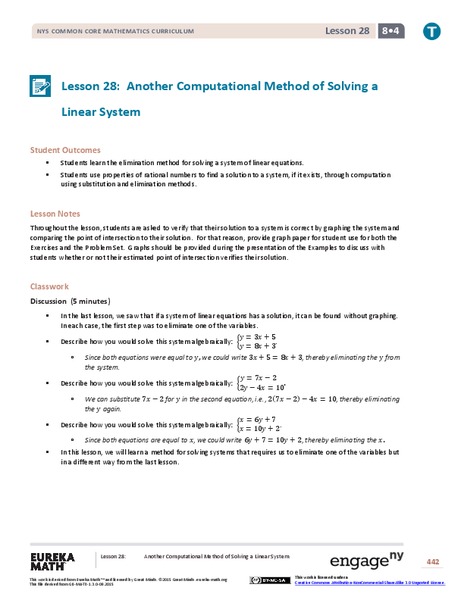 Another Computational Model of Solving a Linear System Lesson Plan