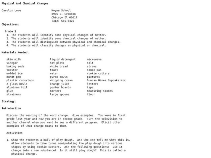 Physical And Chemical Changes Lesson Plan