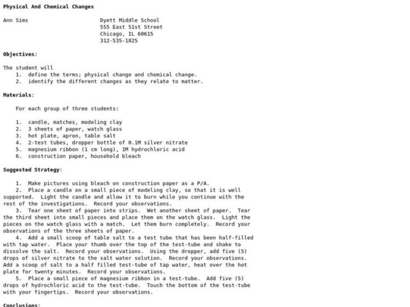 Physical and Chemical Changes Lesson Plan