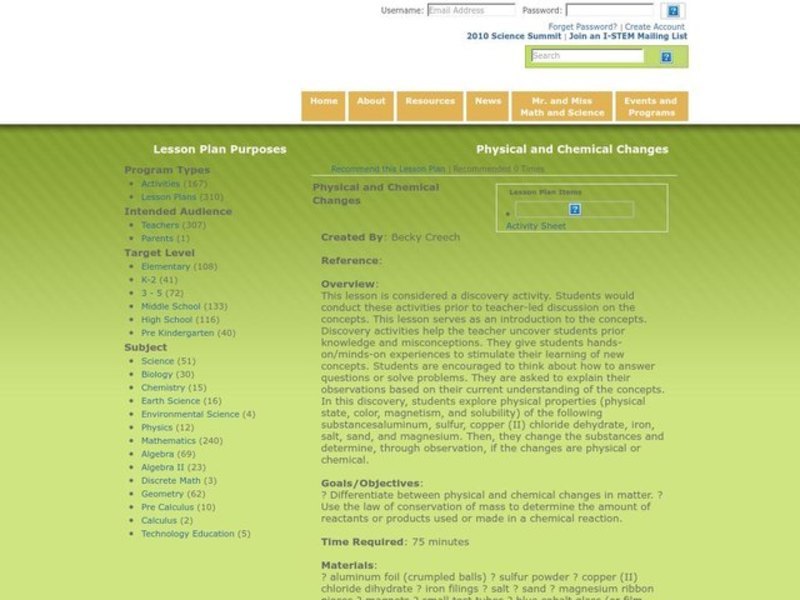 Physical and Chemical Changes Lesson Plan
