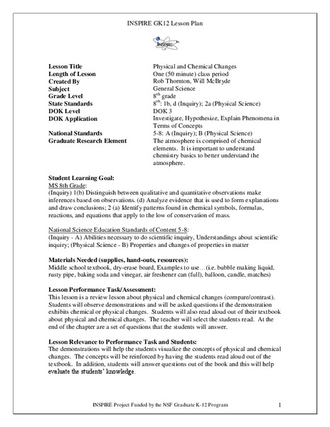 Physical and Chemical Changes Lesson Plan