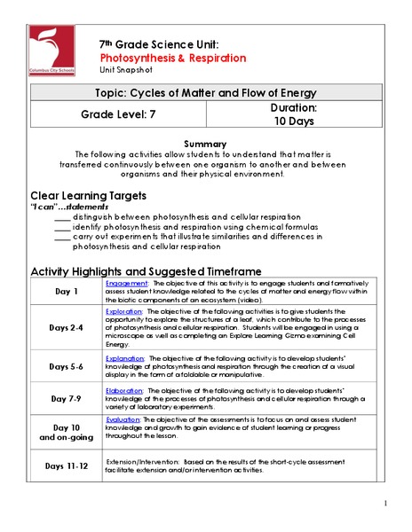 Photosynthesis and Respiration Unit Plan