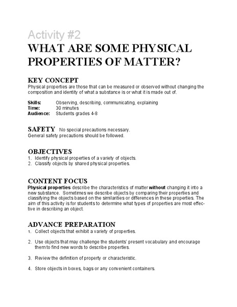 Physical Properties of Matter Lesson Plan