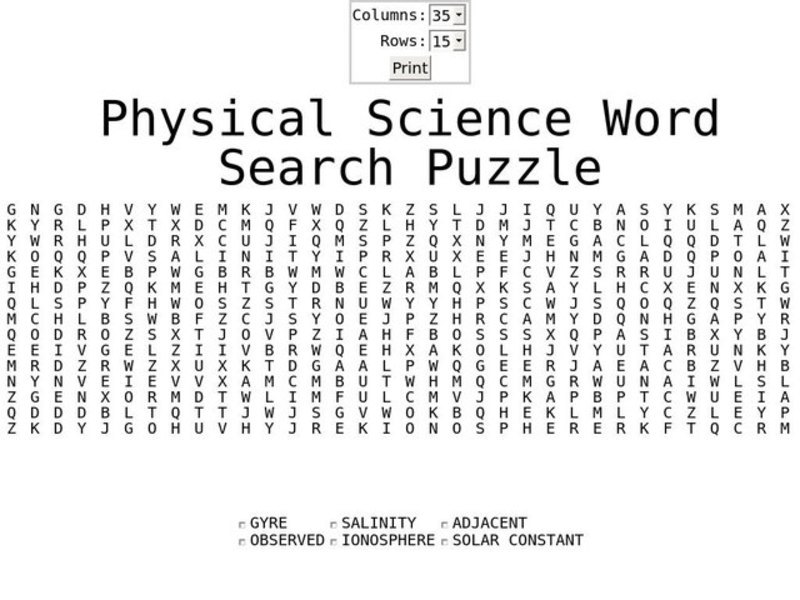 Physical Science Word Search Puzzle Worksheet