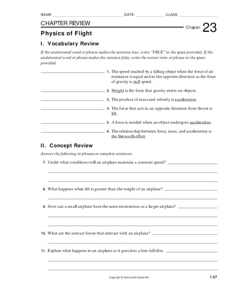 Physics of Flight Worksheet