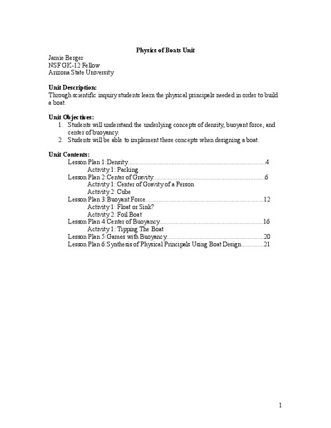 Physics of Boats Unit Plan
