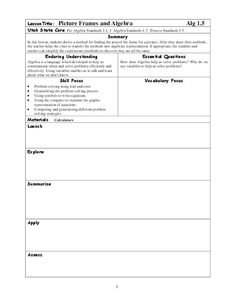 Picture Frames and Algebra Lesson Plan