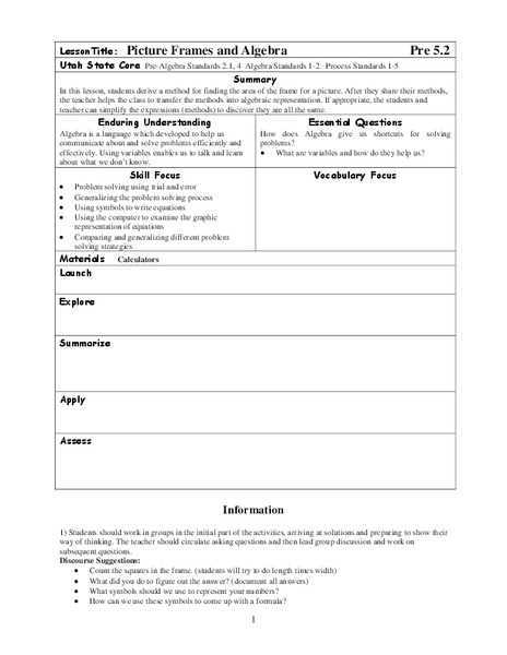 Picture Frames and Algebra Lesson Plan