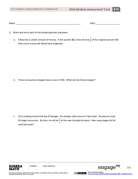 Mid-Module Assessment Task: Grade 8 Module 4 Assessment