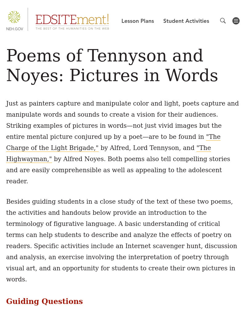 Pictures in Words: Poems of Tennyson and Noyes Lesson Plan