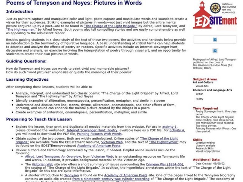 Pictures in Words: Poems of Tennyson and Noyes Lesson Plan