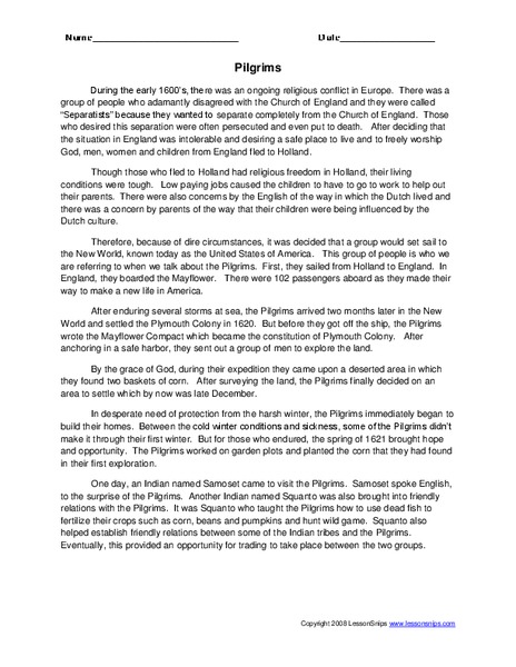 Pilgrims Worksheet
